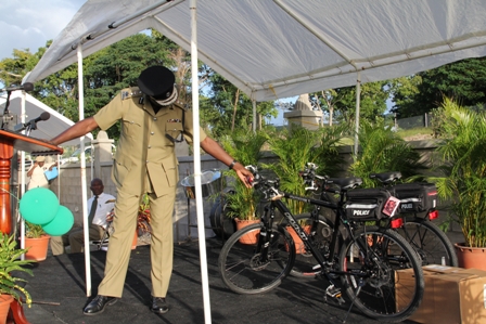 Police Commissioner Celvin G. Walwyn of the Royal St. Christopher and Nevis Police Force with the new Police bicycles for use by uniformed officers of the Charlestown and the Cotton Ground Police Stations